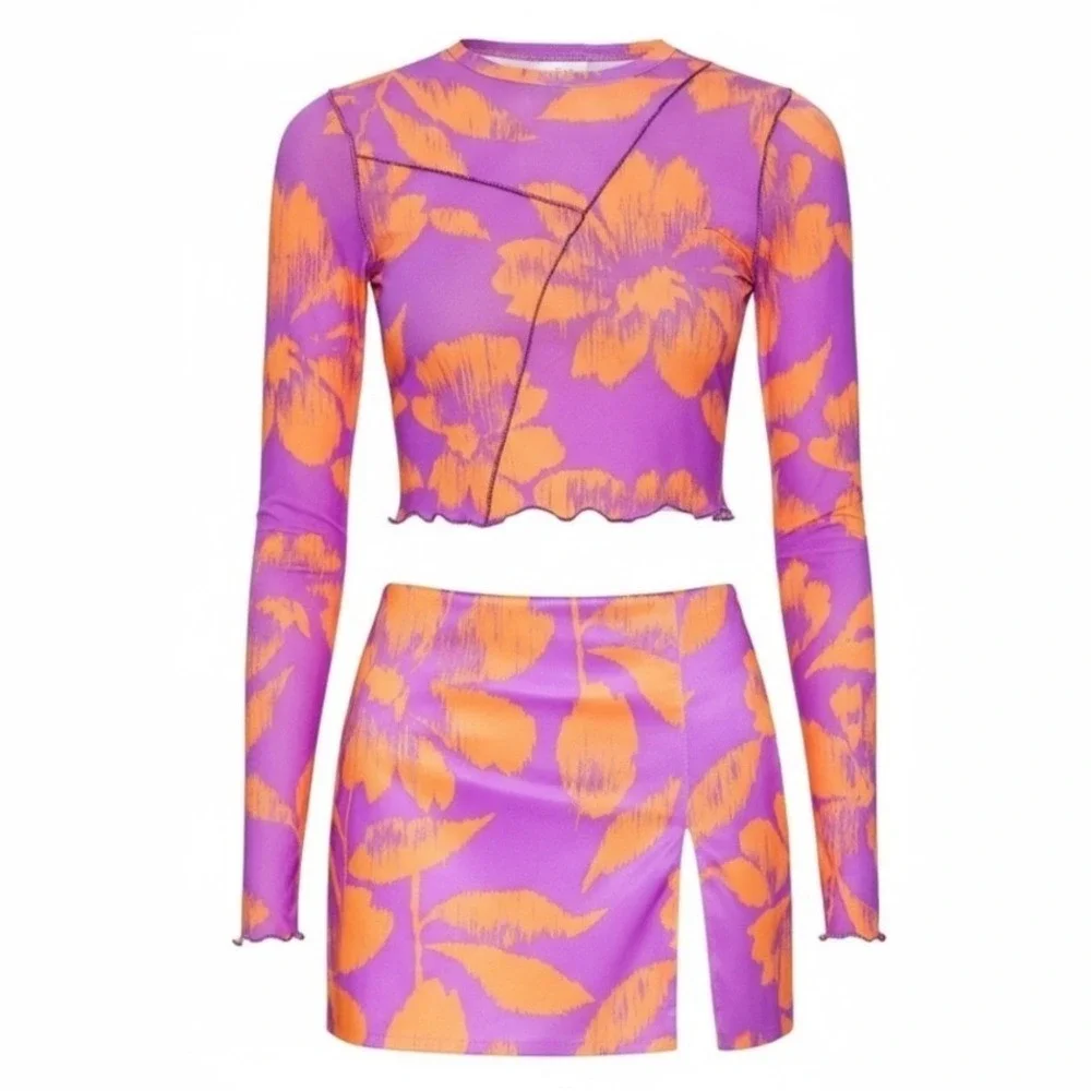 AFRM Women Tropical Floral Mesh 2 Piece Set Crop Top Mini Skirt Size Medium - Picture 2 of 7